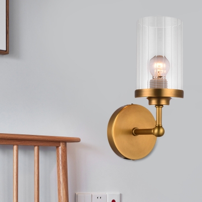 Cylindrical Wall Mount Lighting Fixture Simple Clear Striped Glass Single Brass Wall Sconce for Living Room
