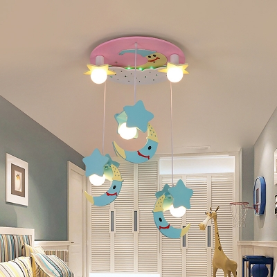 Dangling Moon and Star Semi Flush Kids Style Wood 5-Light Pink/Blue Ceiling Mount Light Fixture
