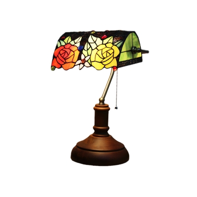 Dark Brown 1 Head Bankers Table Lamp Tiffany Stained Art Glass Rose Pattern Night Stand Light