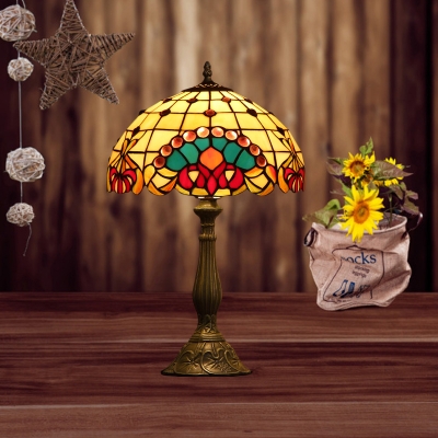 Dome Shade Hand Cut Glass Night Table Lamp Tiffany Style 1-Light Bronze Nightstand Light