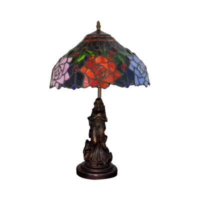Dome Stained Art Glass Table Lamp Mediterranean 1-Light Red/Orange Rose Patterned Nightstand Lighting