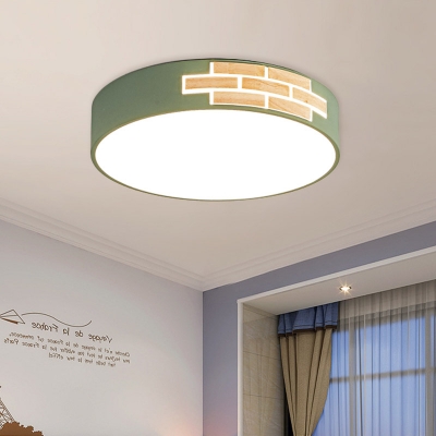 Drum Bedroom Ceiling Lighting Acrylic LED Simple Flush Mount Spotlight with Wood Detail in Grey/White/Pink