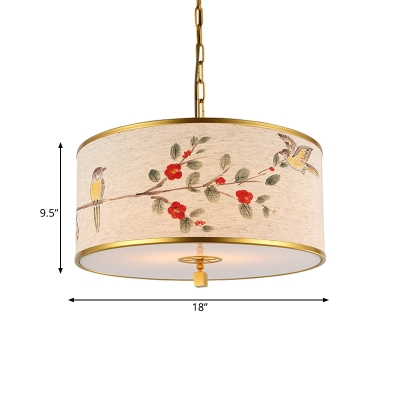 Fabric Beige Ceiling Pendant Drum 1 Head Romantic Pastoral Hanging Light Fixture with Floral and Bird Pattern