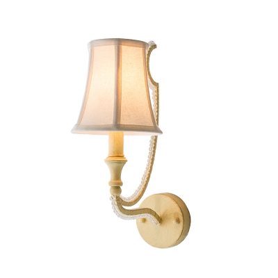 Fabric Bell Wall Light Traditional 1/2-Bulb Bedroom Wall Sconce with Crystal Ball in Beige/Aged Silver