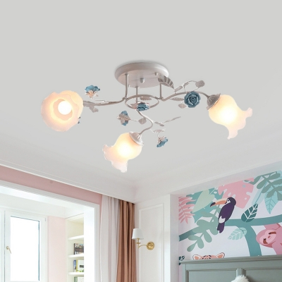 Floral Ivory Glass Ceiling Light Pastoral 3 Bulbs Kitchen Semi Flush Mount in Pink/Blue