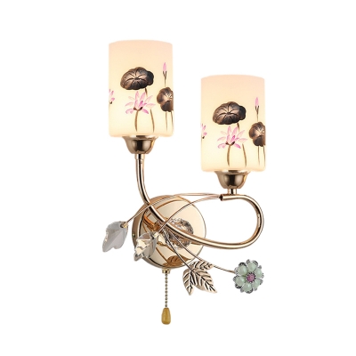Gold 2-Head Crystal Sconce Modern Frosted Glass Cylindrical Wall Light with Lotus Pattern and Pull Chain