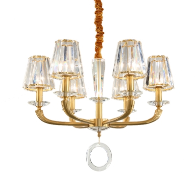 Gold Conical Chandelier Lighting Traditionalism Clear Crystal 6 Bulbs Living Room Pendant