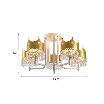 Gold Crown Ceiling Chandelier Cartoon 5 Heads Iron Pendant Lighting Fixture with Crystal Draping