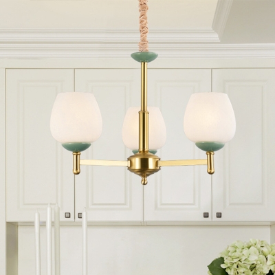 Gold Dome Shade Hanging Chandelier Traditional White Glass 3 Bulbs Dining Room Ceiling Hang Fixture