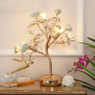 Green Flower Table Lamp Pastoral Ceramic 3 Bulbs Bedroom Night Light with Crystal Accent