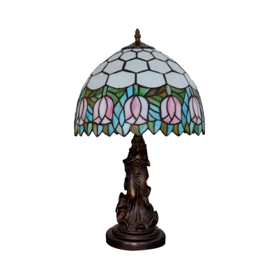 Hand Cut Glass Bowl Nightstand Light Tiffany 1 Light Bronze Finish Flower Patterned Night Lamp