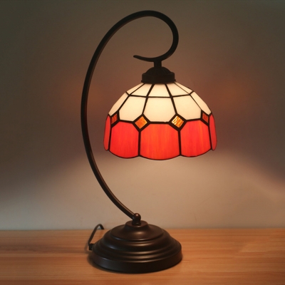 Hand Cut Glass Red/Pink Table Lamp Dome 1 Light Tiffany Style Grid Patterned Night Lighting with Curved Arm