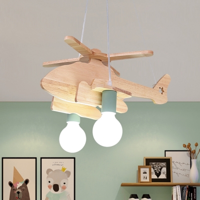 Kids Aircraft Wooden Chandelier 2-Light Suspended Lighting Fixture with Bare Bulb Design, White/Green