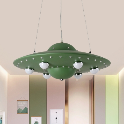 Kids Flying Saucer Hanging Light Metal Nursery LED Pendant Chandelier in Grey/Pink/Blue with White Glass Shade