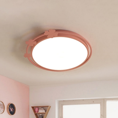 Kids Round Flush Mount Lamp Metallic LED Bedroom Flush Light Fixture in Pink with Clover Deco, White/Warm Light