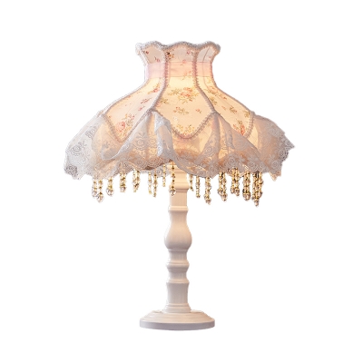 Kids Single-Bulb Table Light White Lace/Flower-Trim Princess Dress Nightstand Lamp with Fabric Shade and Beading Fringe