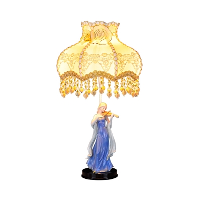 Lady Playing Guitar Ceramic Night Light Korean Flower 1 Head Family Room Table Lamp with Fabric Shade in Beige