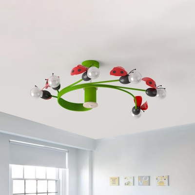 Ladybug Shape Semi-Flush Ceiling Light Kids Metal 6 Bulbs Green Flush Mount Fixture with Spiral Arm
