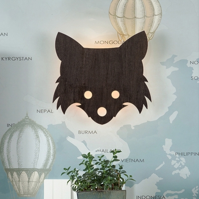 LED Bedside Wall Sconce Lighting Cartoon Black Wall Lamp with Fox Head Shape Wood Panel Shade in White/Warm Light