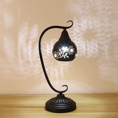 Metal Black Desk Light Sphere 1 Bulb Modern Night Table Lamp with Cutout Flower Pattern