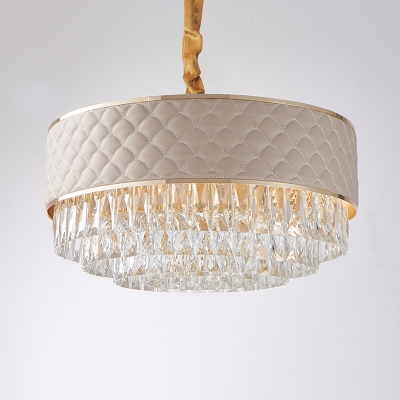 Modern 3-Layer Drum Chandelier 10 Lights Clear Crystal Suspension Lamp with Lattice Pattern Leather Guard