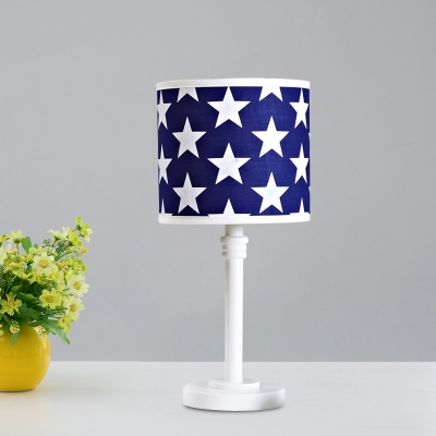 Modern Cylinder Fabric Nightstand Lamp 1 Head Table Lighting with Star Pattern in Blue-White