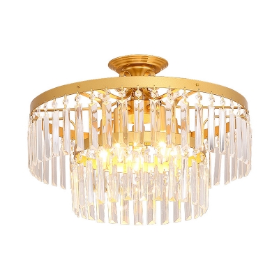 Modernist 2-Layer Ceiling Lighting 3/5 Lights Crystal Fringe Semi Flush Mount Lamp in Gold