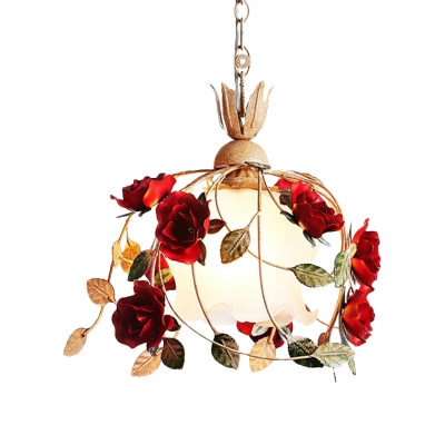 Opal Glass Red Hanging Light Bloom 1 Bulb Pastoral Style Suspension Lamp for Dining Room