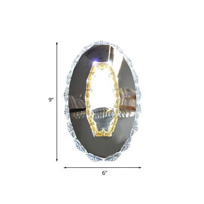 Oval Crystal Sconce Light Fixture Simple LED Bedroom Wall Lighting in Chrome, Warm/White Light