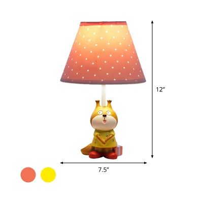 Painted Fox Table Lamp Cartoon Resin 1 Head Kids Bedside Night Stand Light with Red/Yellow Cone Fabric Shade