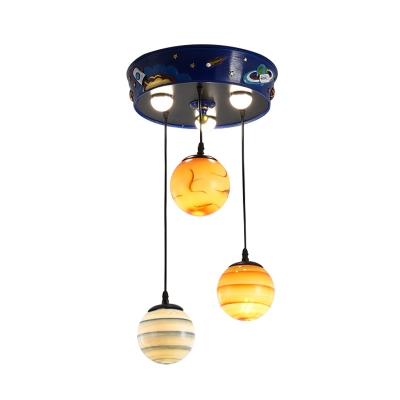Planet Cluster Pendant Kids Stained Glass 3-Head Kid Bedroom Down Lighting in Blue