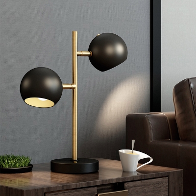 Postmodern 2-Head Table Lighting Black Rotatable Dome Night Stand Lamp with Metal Shade and Brass Rod Arm