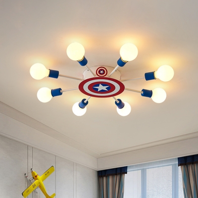 Radial Kids Bedroom Flushmount Metal 8-Head Cartoon Semi Flush Ceiling Light in Blue with Bare Bulb Design