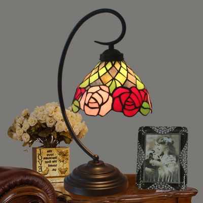 Rose Nightstand Light 1 Head Stained Art Glass Mediterranean Table Lamp in Dark Coffee with Bowl Shade