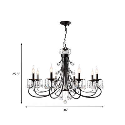 Rustic Candle Chandelier Lighting 6/8 Heads Iron Pendant Lamp in Black with Faceted Crystal Drop