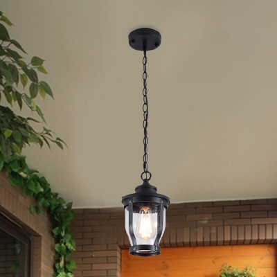 Rustic Lantern Pendant Light 1 Bulb Clear Glass Hanging Lamp in Textured Black for Balcony