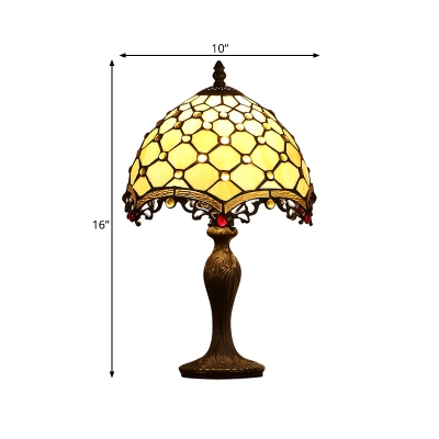 Scalloped Beige Glass Nightstand Light Mediterranean 1 Bulb Dark Brown Night Table Lamp with Jeweled Pattern