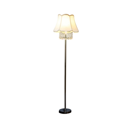 Simple Bell Standing Light 1-Head Fabric Stand Up Lamp in White with Crystal Draping