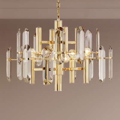 Simple Tiered Pendant Chandelier 8/10 Heads Clear Crystal Block Hanging Light in Gold