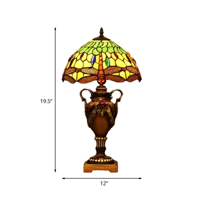 Single-Bulb Night Stand Light Tiffany Dragonfly Blue/Green Stained Glass Table Lamp with Pointed Shade