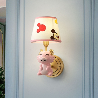 Smiling Dragon Resin Wall Sconce Cartoon 1 Head Pink Wall Mounted Light with Tapered Fabric Shade