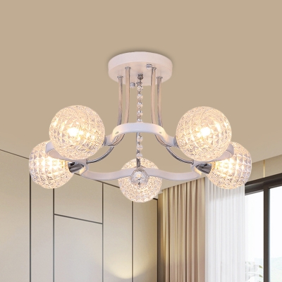 Sphere Crystal Semi Flush Light Modern 3/5 Bulbs Bedroom Flush Mount Lighting Fixture in White