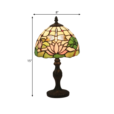 Stained Art Glass Dark Wood Nightstand Light Dome Shade 1 Light Baroque Lotus Patterned Night Table Lamp