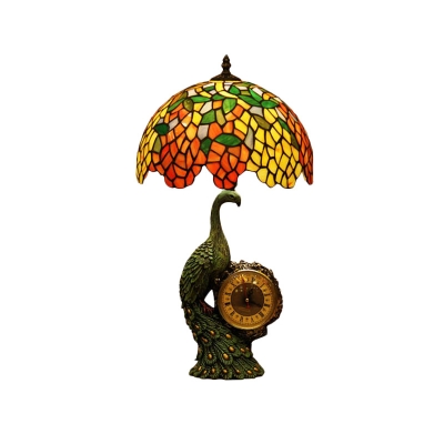 Stained Glass Green Nightstand Lamp Wave-Edge Wisteria 1 Bulb Tiffany Table Light with Peacock and Clock Base