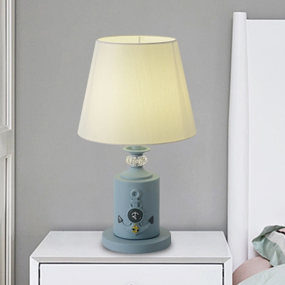 Tapered Shade Bedside Night Table Lamp Fabric 1-Light Macaron Nightstand Light in Black/Water Blue