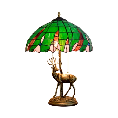 Tiffany Elk Desk Light 2-Head Resin Pull Chain Nightstand Lamp in Bronze with Bowl Stained Art Glass Shade