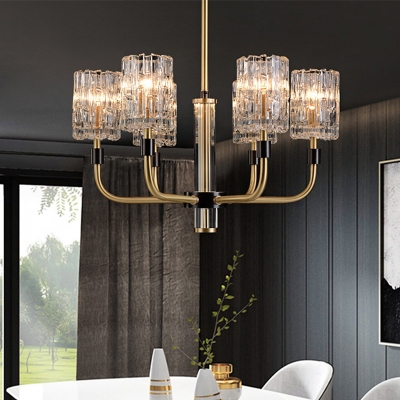Traditional Cylinder Pendant Chandelier 6-Light Clear Crystal Ceiling Hang Fixture in Gold