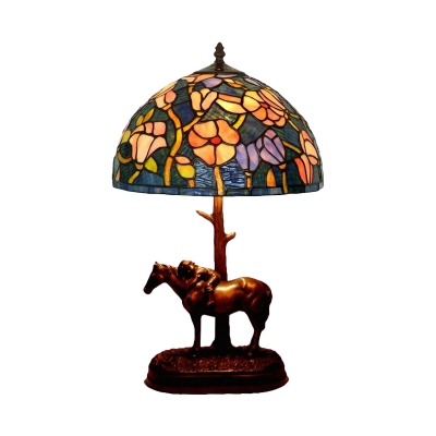 Victorian Floral Patterned Night Lighting 1 Head Stained Glass Nightstand Lamp in Coffee with Horse Deco