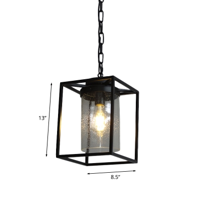 Water Glass Cylindrical Pendant Light Rustic 1 Head Dining Table Suspension Lamp with Black Cuboid Cage