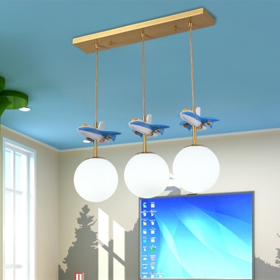 White/Blue Glass Cluster Ball Pendant Kid 3 Bulbs Hanging Lamp with Plane Decoration over Table
